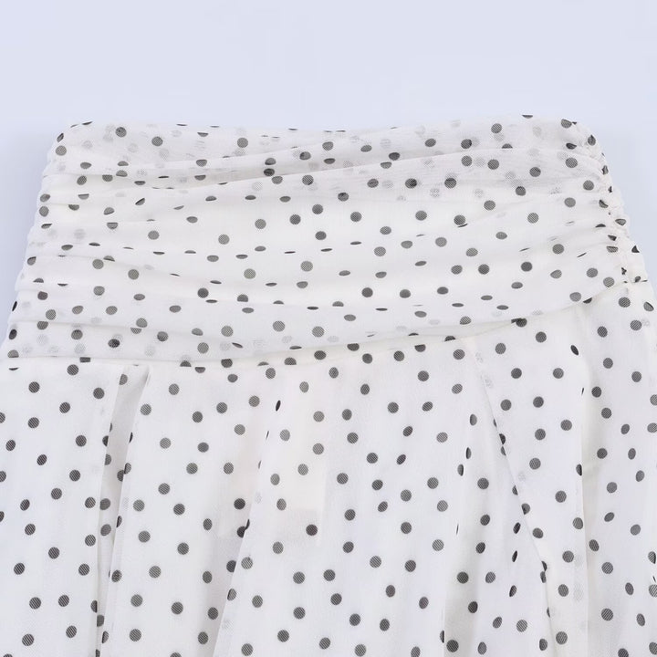 Damen Polka-Dot Midirock mit hohem Bund, A-Linie und mehrlagigem Chiffon Drune