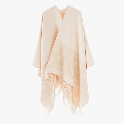 Damen Schlichter Capeponcho aus Wollmischung mit eingewebter Jacquardbordüre und Fransen Drune