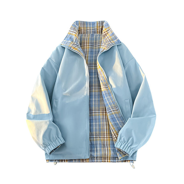 Unisex Wende-Utility-Jacke mit kariertem Innenfutter, Stehkragen und elastischen Bündchen Drune
