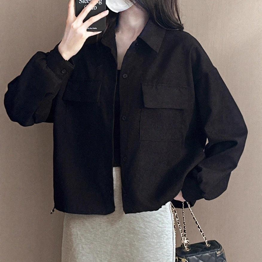 Damen Kurzgeschnittene Cordjacke mit Oversize-Ärmeln und Brusttaschen Drune