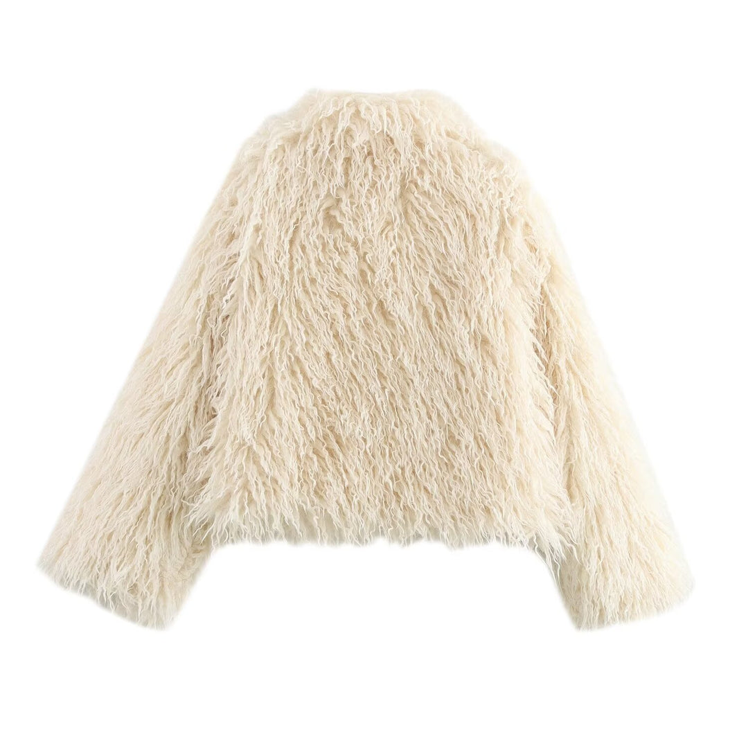 Damen Kurz geschnittene Shaggy-Faux-Fur-Jacke mit voluminösem Schalkragen Drune