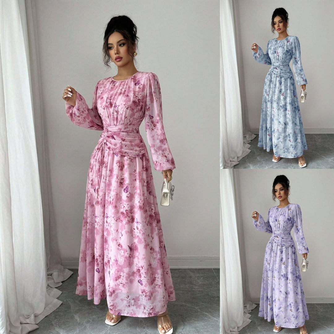 Damen Maxikleid mit floralem Schmetterlingsprint, geraffter Taillenpartie und langen Ballonärmeln Drune
