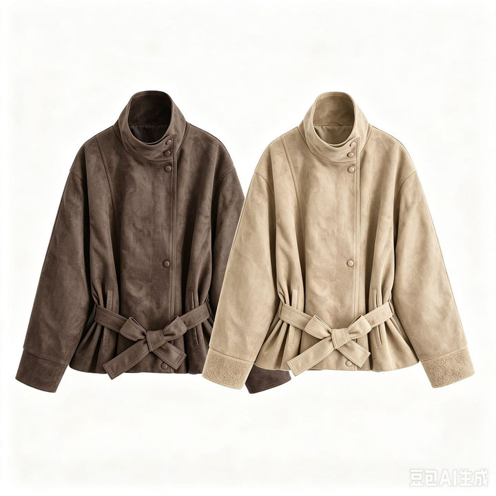 Damen Kurzjacke in Wildleder-Optik mit Stehkragen und Bindegürtel Drune