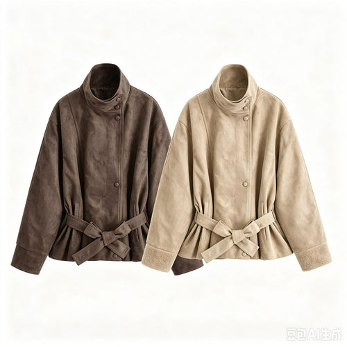 Damen Kurzjacke in Wildleder-Optik mit Stehkragen und Bindegürtel Drune