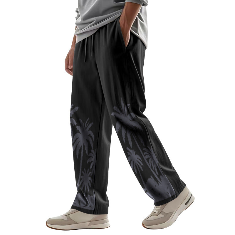 Herren nan weite Freizeit-Hose aus Baumwoll-Leinen-Mix mit Palmenprint, Elastikbund und Kordelzug Drune