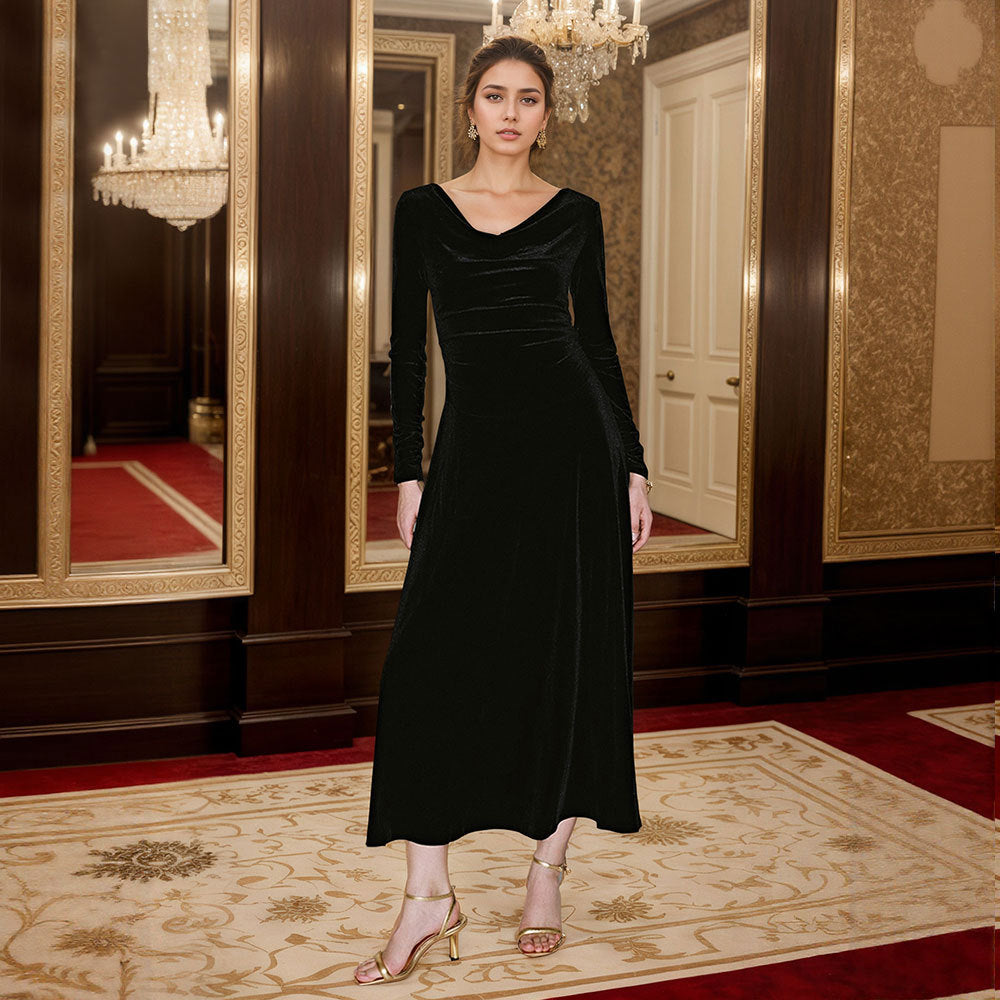 Damen elegantes Maxikleid mit schmeichelndem Cowl-Ausschnitt und langen Ärmeln Drune