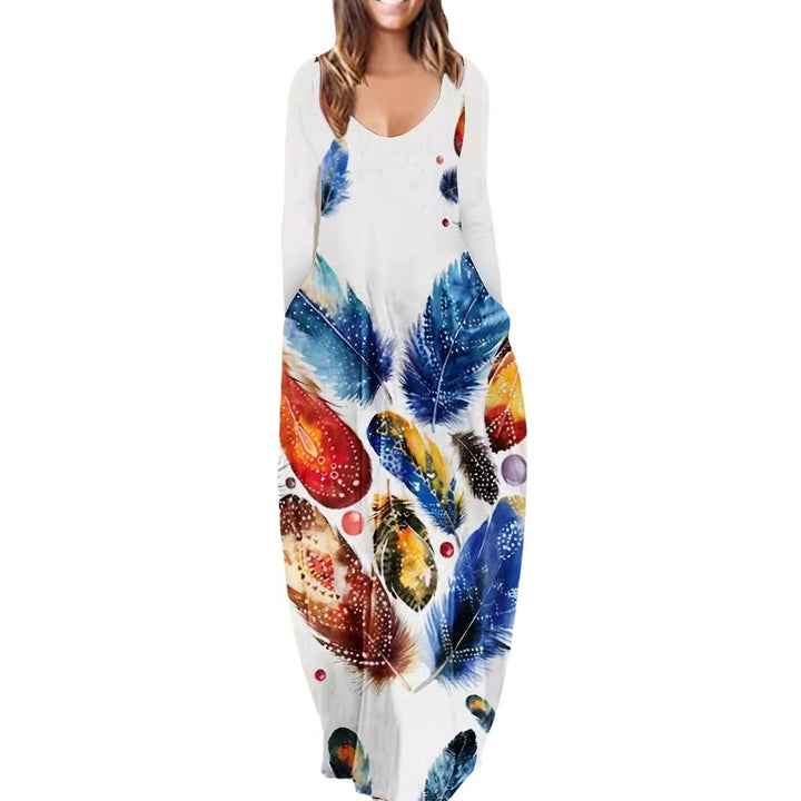 Damen Fließendes Maxikleid mit auffälligem Federmotiv, tiefem Rundhalsausschnitt und Seitentaschen Drune