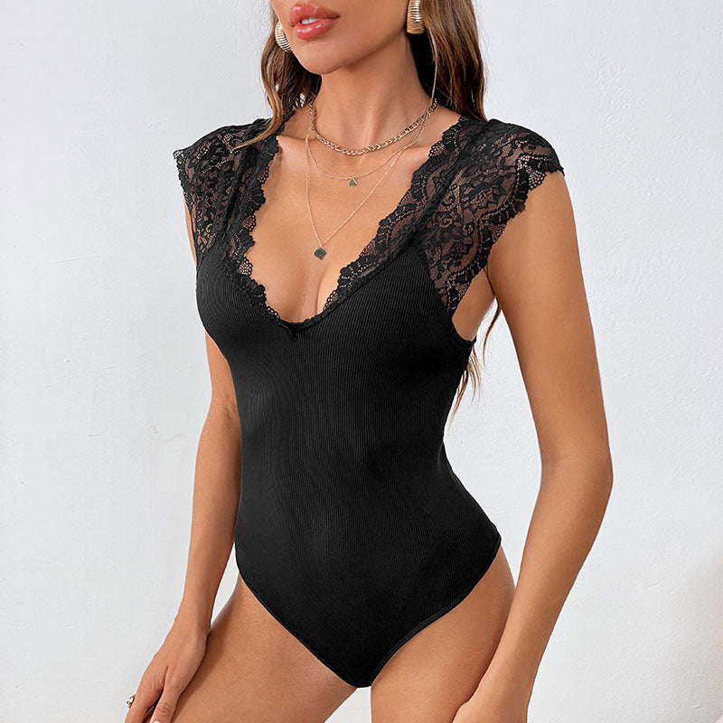 Damen-Bodysuit mit Spitzenbesatz und Rippstruktur Drune