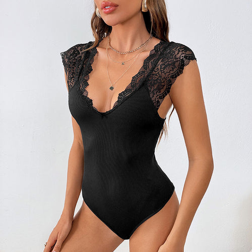 Damen-Bodysuit mit Spitzenbesatz und Rippstruktur Drune