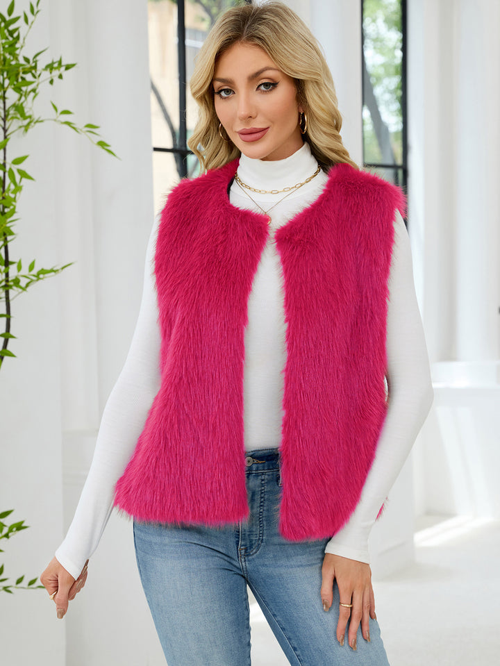 Damen Flauschige Kunstpelzweste mit voluminösem Kragen Drune