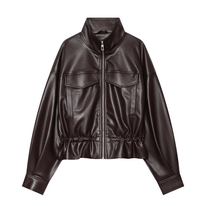 Damen Cropped Kunstleder-Blouson mit Tunnelzug, aufgesetzten Klappentaschen und hohem Stehkragen Drune