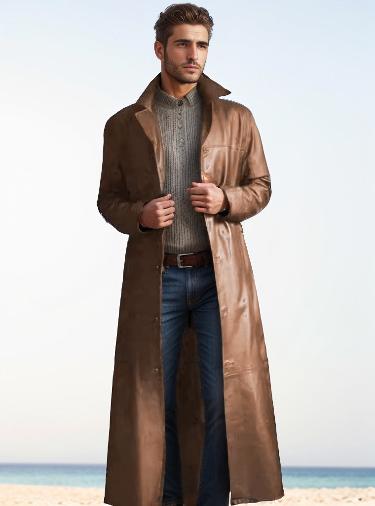Herren Langer Ledermantel im Trench-Stil mit schmaler Silhouette und Stehkragen Drune