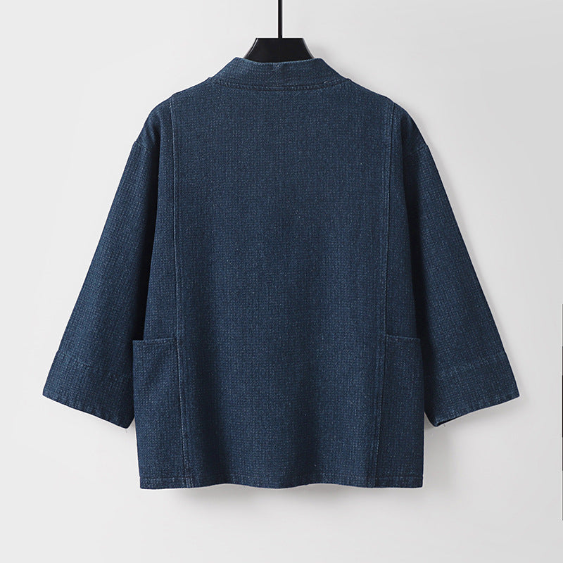 Unisex Jeans-Kimono-Jacke mit Bindegürtel und aufgesetzten Taschen Drune