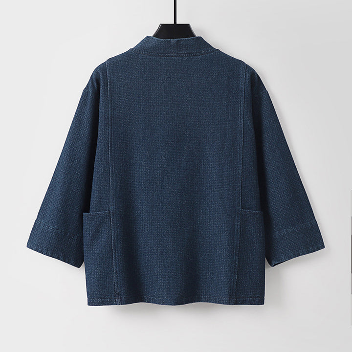 Unisex Jeans-Kimono-Jacke mit Bindegürtel und aufgesetzten Taschen Drune
