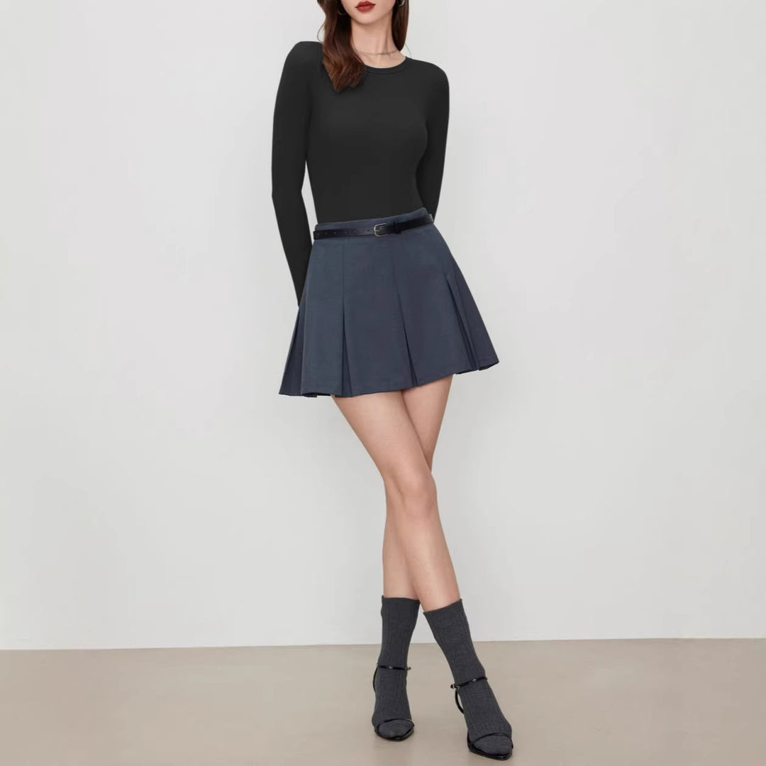 Damen Figurnahes geripptes Langarm-Basicshirt mit Rundhalsausschnitt und Stretch Drune