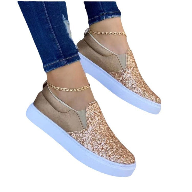 Damen Slip-On Plateau-Sneaker mit Glitzerfront, gepolstertem Fersenbereich und weißer Profilsohle Drune