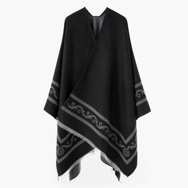 Damen Oversize Jacquard-Capeponcho aus Wollmix mit geometrischem Muster und Fransen Drune
