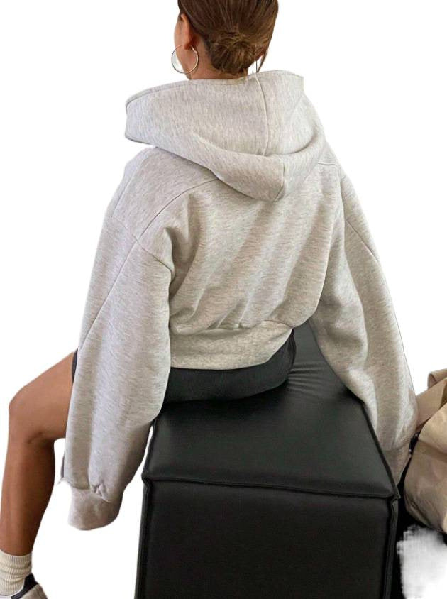 Damen Cropped Kapuzenjacke mit durchgehendem Reißverschluss und voluminösen Raglanärmeln Drune