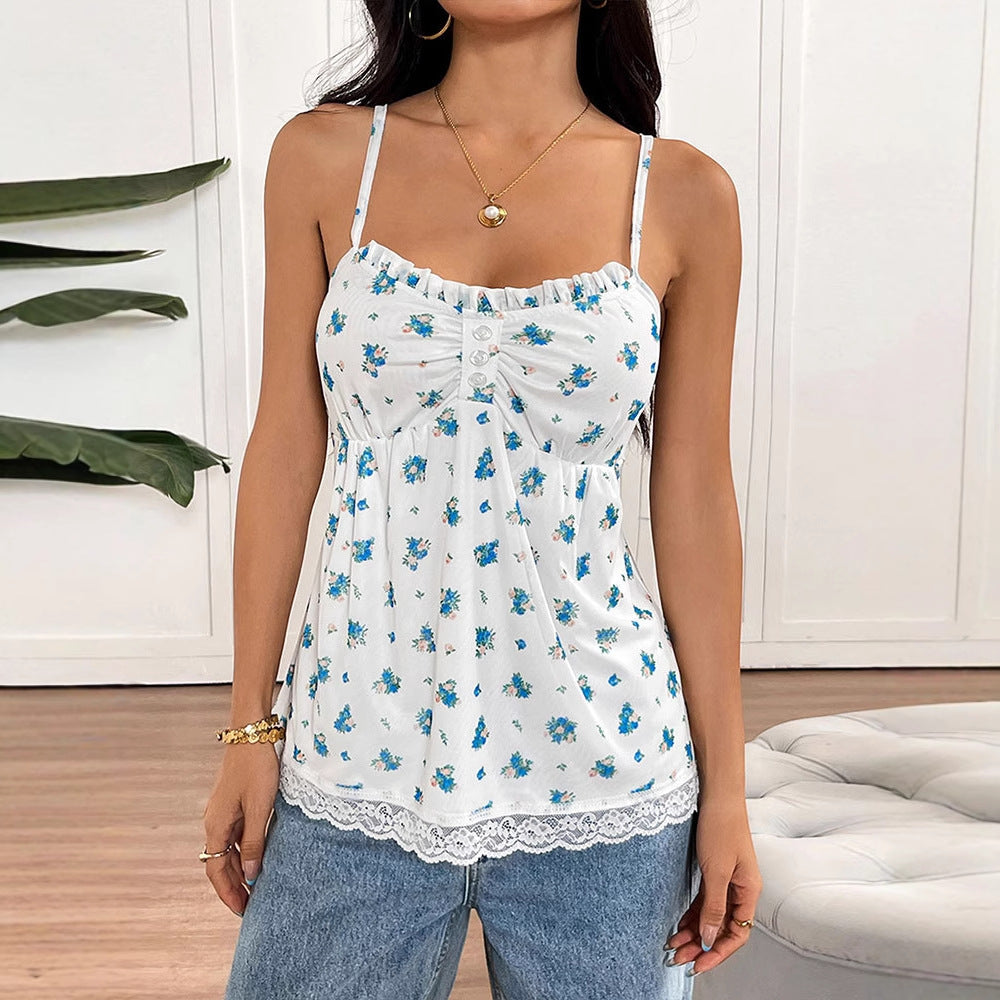 Damen Spaghetti-Träger Bluse mit floralem Muster und Spitzenbesatz Drune