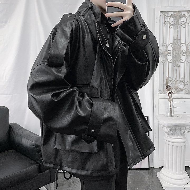 Herren Weitgeschnittene Kunstlederjacke mit Kapuze, Utility-Taschen und verstellbaren Manschetten Drune