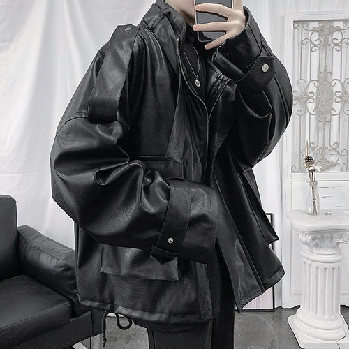 Herren Weitgeschnittene Kunstlederjacke mit Kapuze, Utility-Taschen und verstellbaren Manschetten Drune