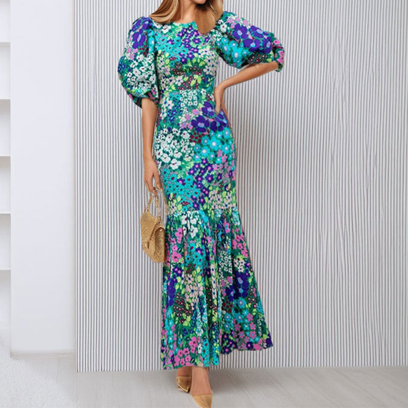 Damen Maxikleid mit voluminösen Puffärmeln und floralen Mustern Drune