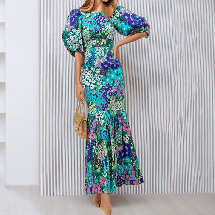 Damen Maxikleid mit voluminösen Puffärmeln und floralen Mustern Drune