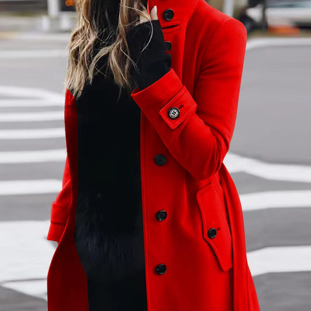 Damen Doppelreihiger Trenchcoat mit hohem Stehkragen, Taillengürtel und Manschetten-Detail Drune