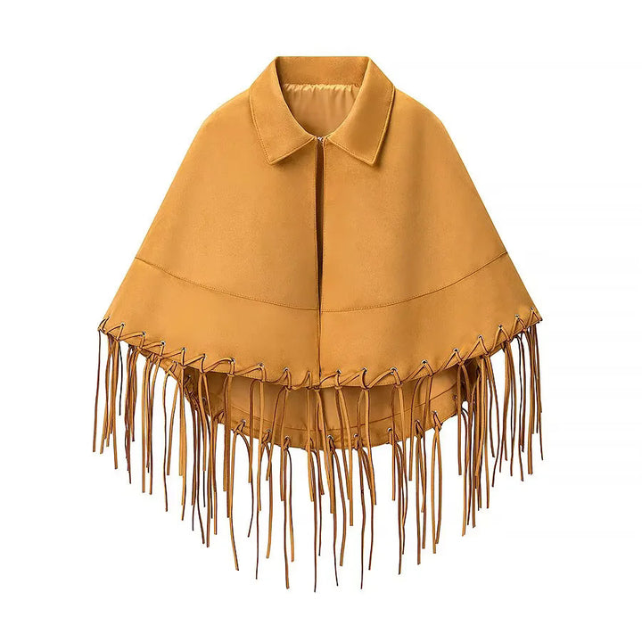 Damen nan Veloursoptik Cape mit Hemdkragen, Ziernaht und langen Fransen Drune