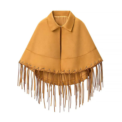 Damen nan Veloursoptik Cape mit Hemdkragen, Ziernaht und langen Fransen Drune
