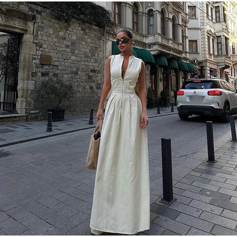 Damen Maxikleid mit tailliertem Schnitt und elegantem Kragen Drune