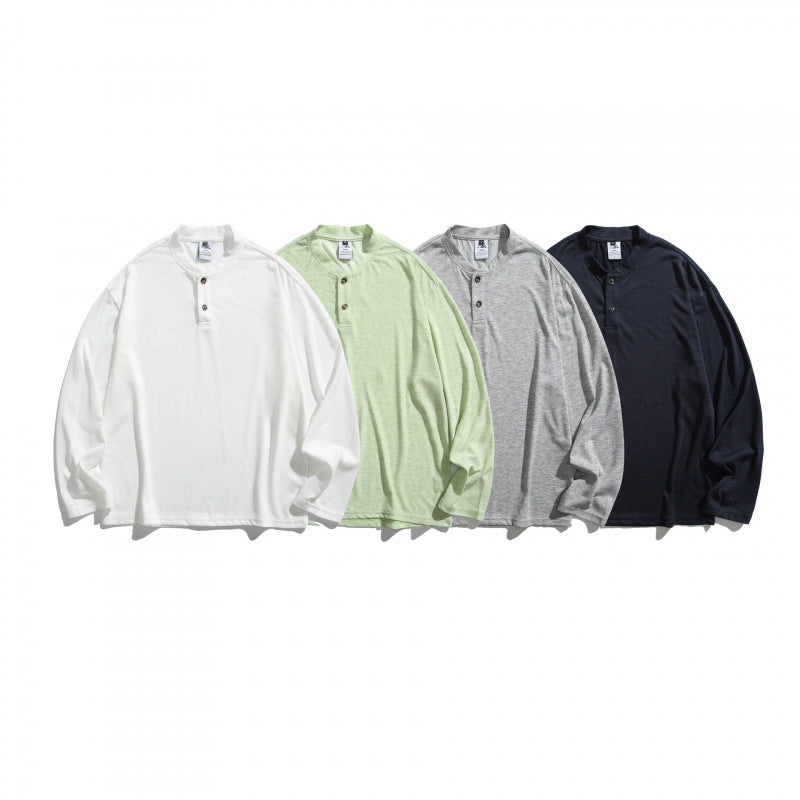 Unisex Lockere Henley-Longsleeve mit Stehkragen und Waffelstruktur Drune