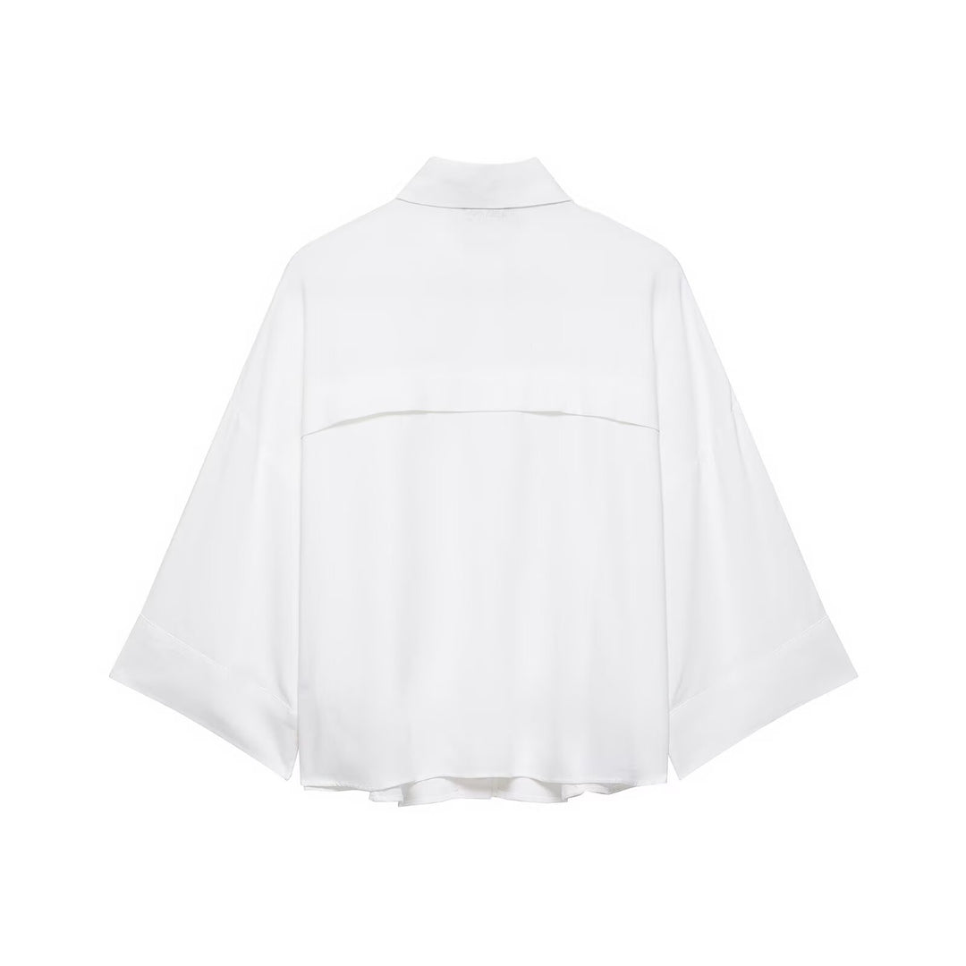 Damen Oversized Hemdjacke mit weiten Kimonoärmeln und großen Hornknöpfen Drune