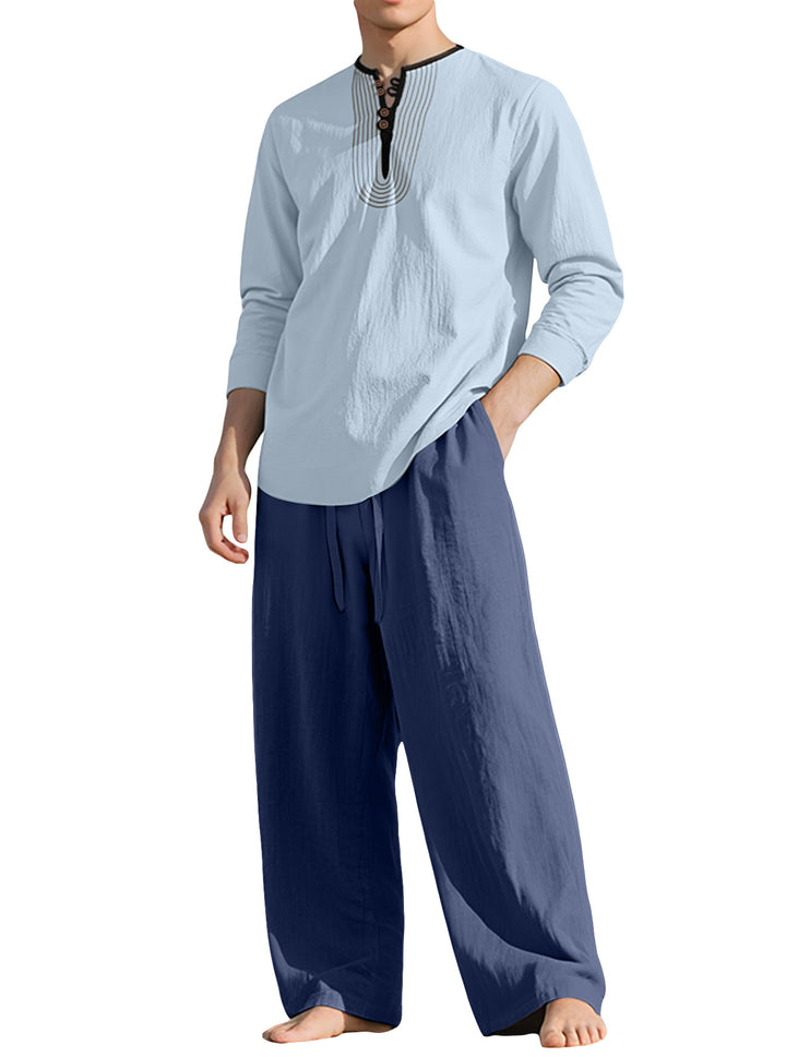 Herren nan Tunika- und Palazzohose-Set mit Henley-Blende, Zierstickerei und weitem Schnitt Drune
