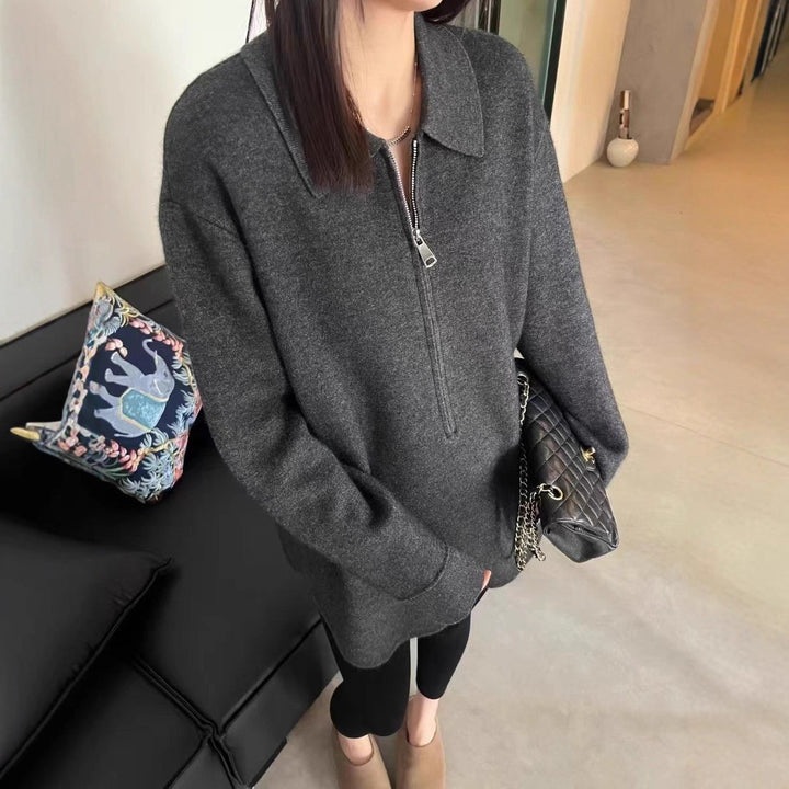 Damen Modischer Pullover mit Reißverschluss und Kragen Drune