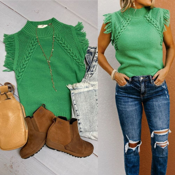 Damen elegantes Stricktop mit raffiniertem Häkelmuster und Fransen Drune
