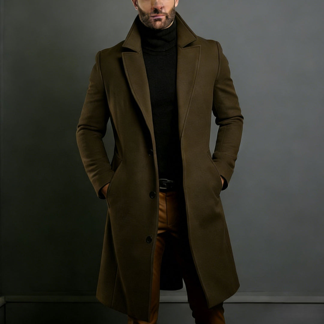 Herren Eleganter einreihiger Langmantel aus Wollmix mit schmaler Silhouette und Reverskragen Drune