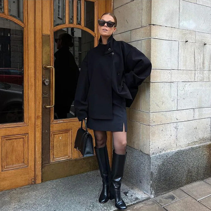Damen modische Kurzjacke mit hohem Kragen und Knopfverschluss Drune
