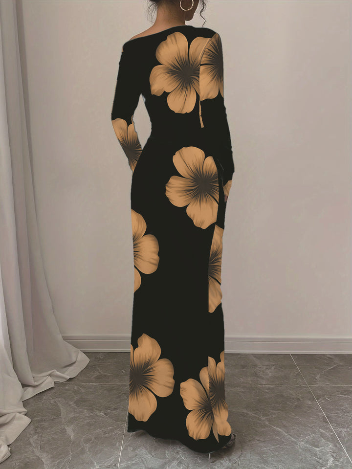Damen elegantes Langarmkleid mit floralem Motiv Drune