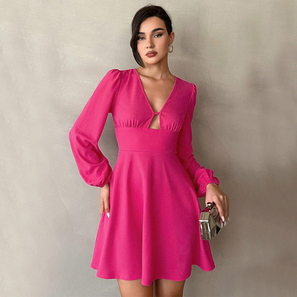 Damen kurzes A-Linien-Minikleid mit V-Ausschnitt und kleinem Ausschnittdetail, Empire-Taille und Ballonärmeln Drune