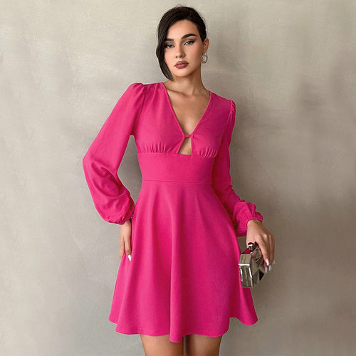 Damen kurzes A-Linien-Minikleid mit V-Ausschnitt und kleinem Ausschnittdetail, Empire-Taille und Ballonärmeln Drune