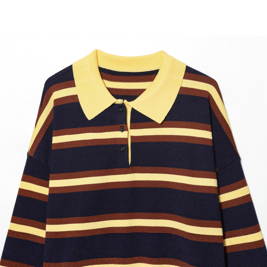 Damen nan gestreifter Polo-Strickpullover mit breitem Rippenbund Drune