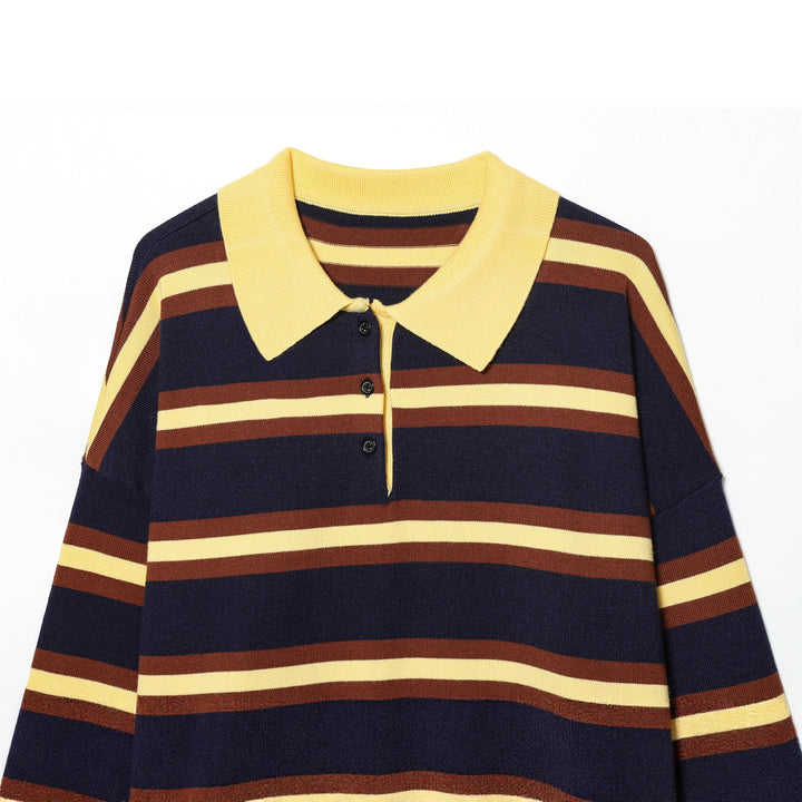 Damen nan gestreifter Polo-Strickpullover mit breitem Rippenbund Drune
