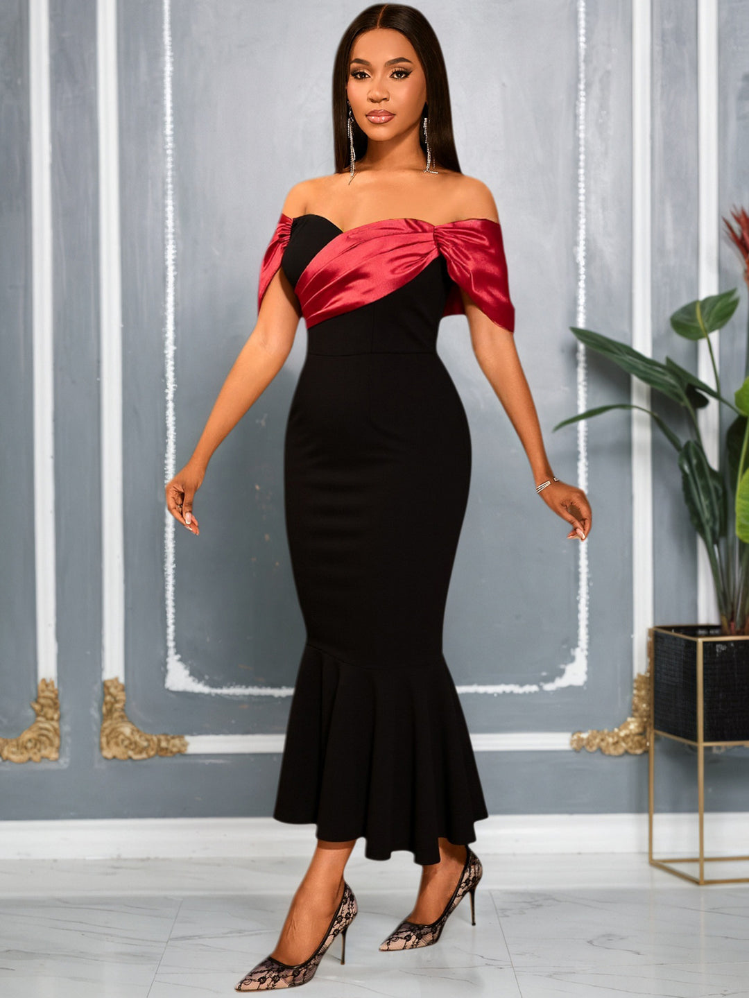 Damen elegantes schulterfreies Maxikleid mit voluminösen Rüschen Drune