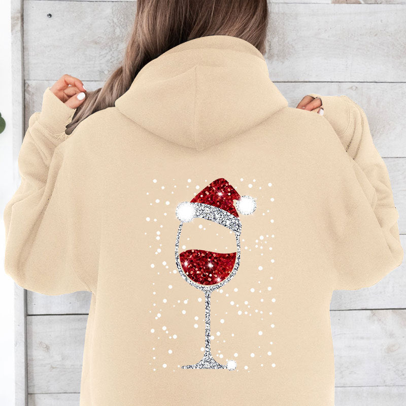 Damen Oversize Kapuzenpullover mit weihnachtlichem Glitzer-Weinglas-Print Drune