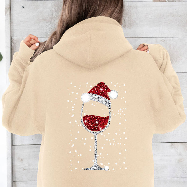 Damen Oversize Kapuzenpullover mit weihnachtlichem Glitzer-Weinglas-Print Drune