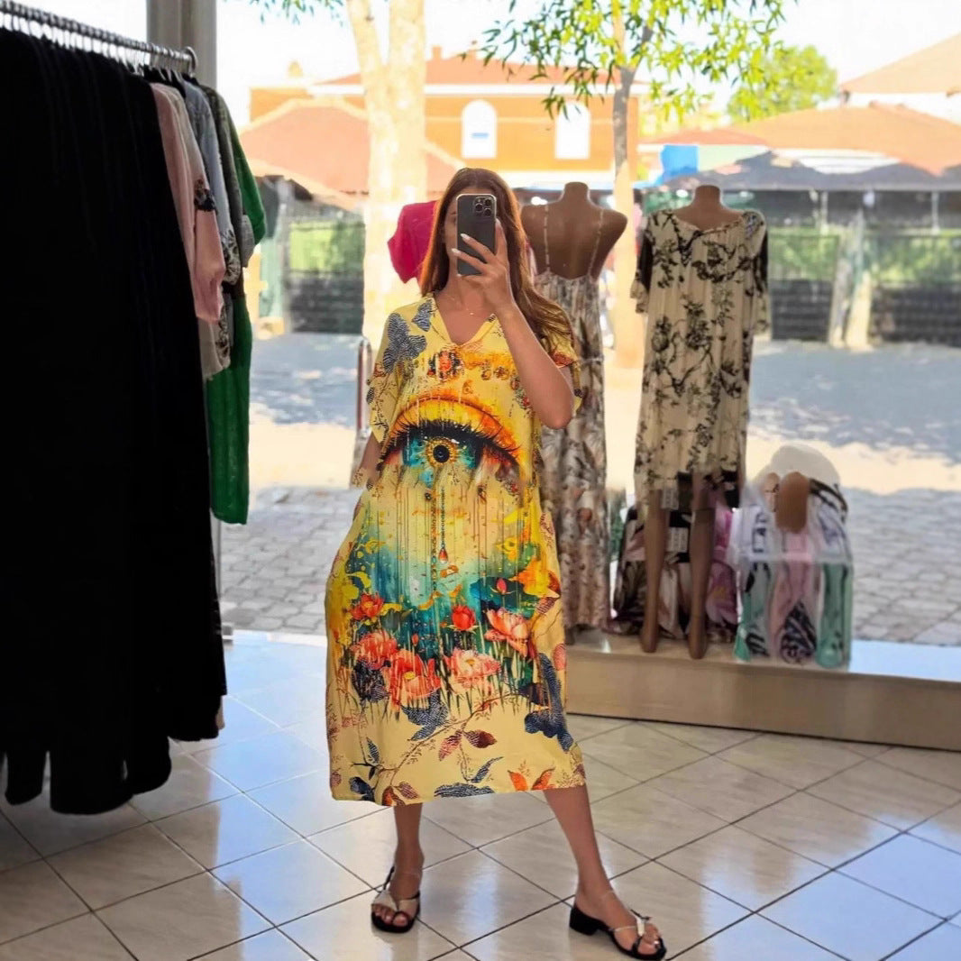 Damen nan fließendes Maxi-Kaftankleid mit V-Ausschnitt und großflächigem Aquarell-Blumenprint Drune