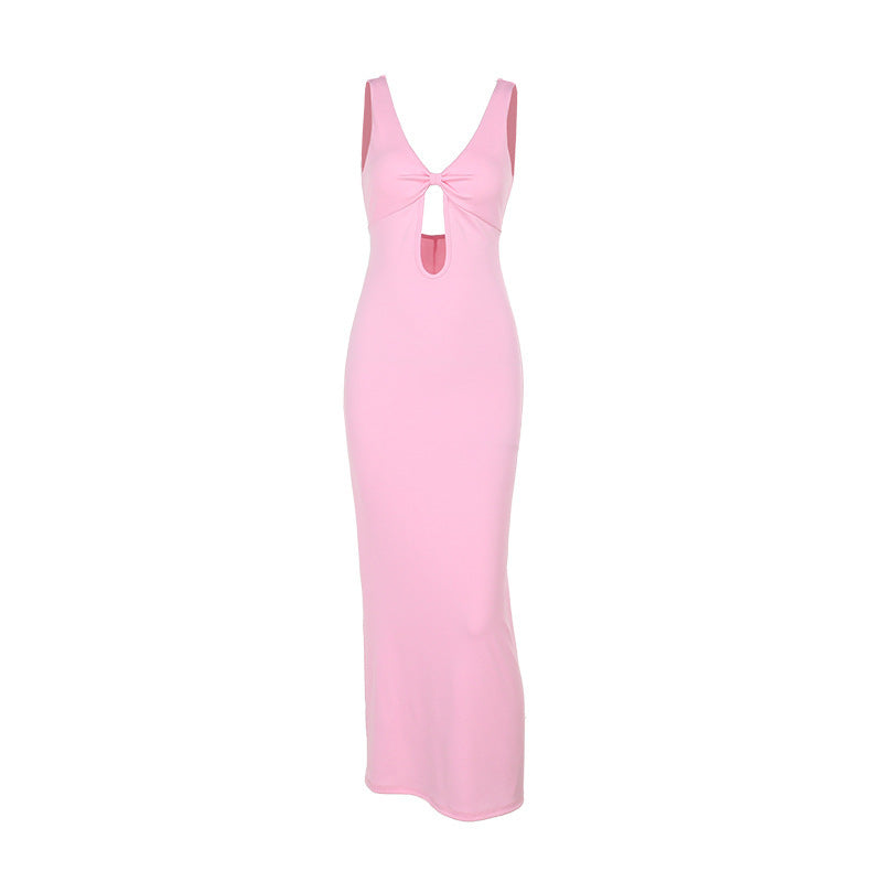 Damen figurbetontes Maxikleid mit tiefem V-Ausschnitt und Cut-Out Drune