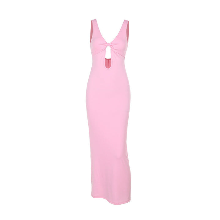 Damen figurbetontes Maxikleid mit tiefem V-Ausschnitt und Cut-Out Drune