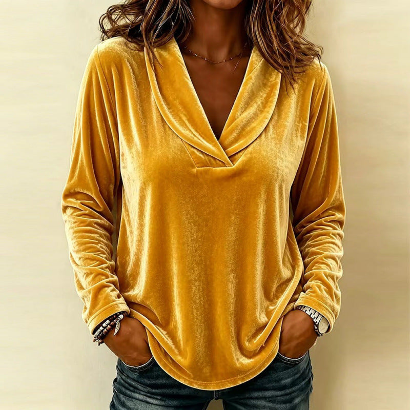 Damen Samt-Longsleeve mit Schalkragen und V-Ausschnitt Drune